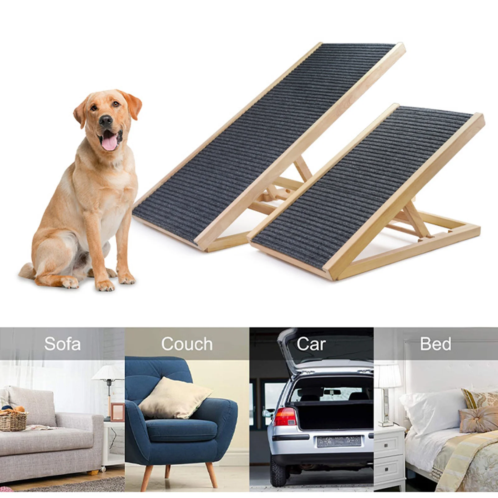 Scaletta/Rampa Pieghevole Per Cani E Gatti | 4 Altezze Regolabili (25-48 Cm), Legno, Antiscivolo | Per Letti E Divani