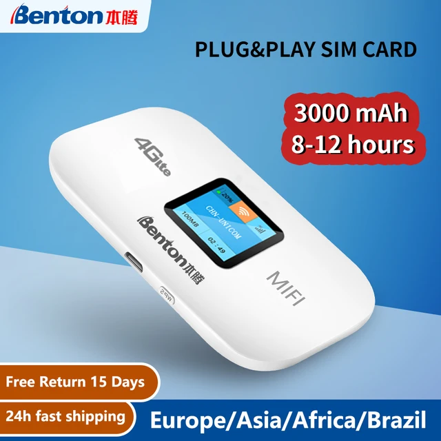 벤톤 잠금 해제 4G Lte 휴대용 와이파이 라우터 포켓 핫스팟 Mifi Sim 카드, 플러그 앤 플레이 VPN 150Mbps 고속 3000mAh 배터리