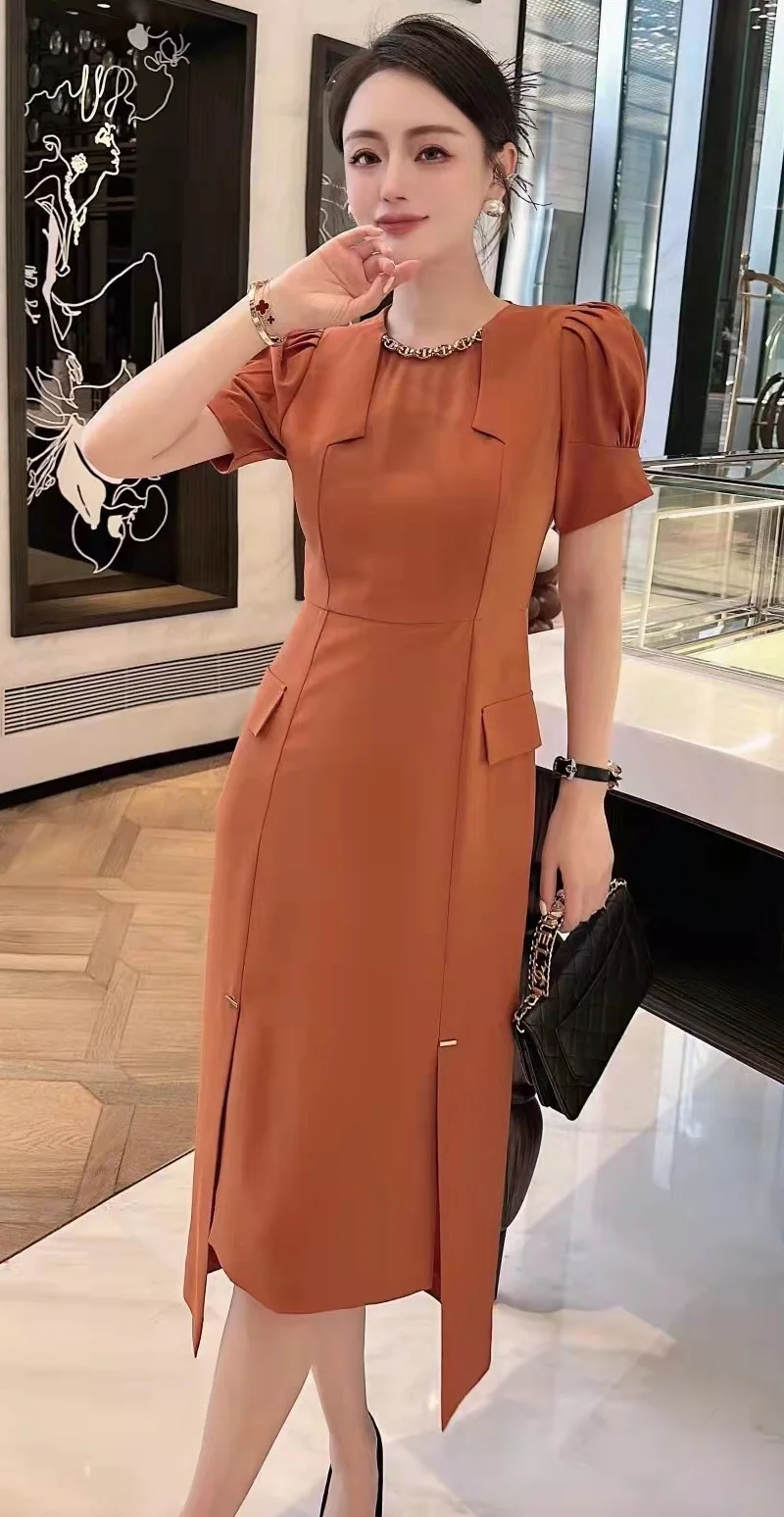 Alta qualidade nova marca de verão vestido feminino colar deco manga curta  sexy estilo assimétrico midi laranja preto elegante vestido ol - AliExpress