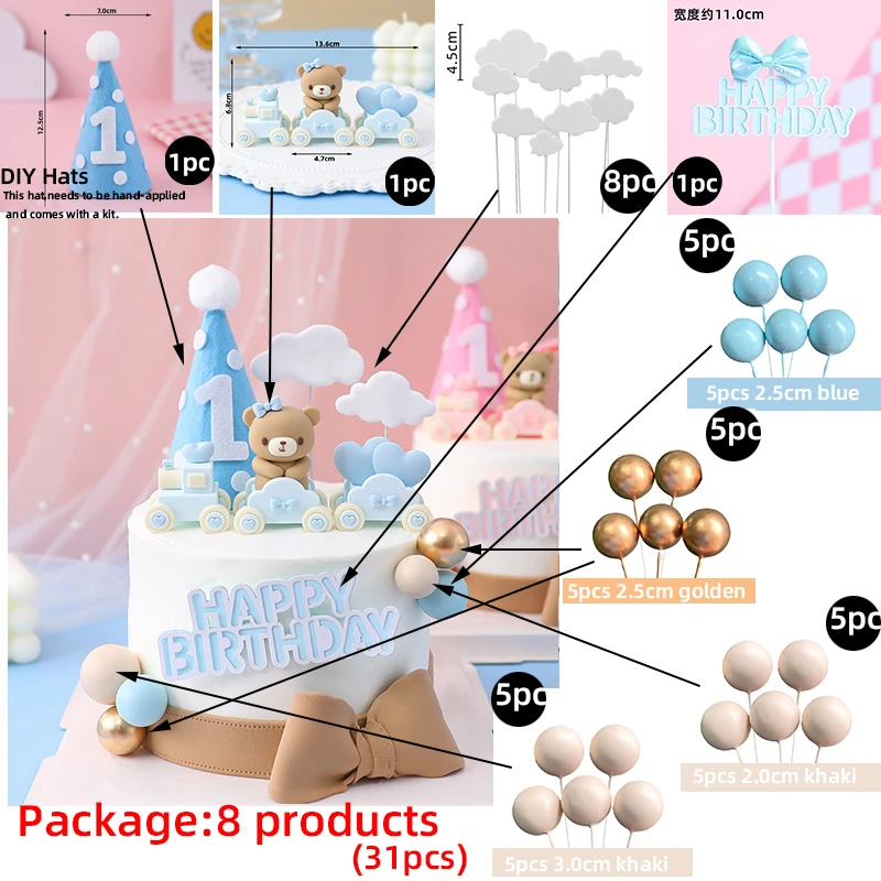 Decorazione Torta Baby Shower Con Orsetti Blu - Treno Di Orsi, Palline Colorate