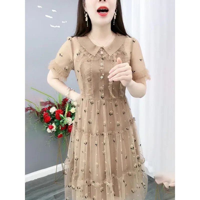 

Casual dress female 2023 Summer niche mesh short sleeved dress European age reducing waist closing mid length dress female tops