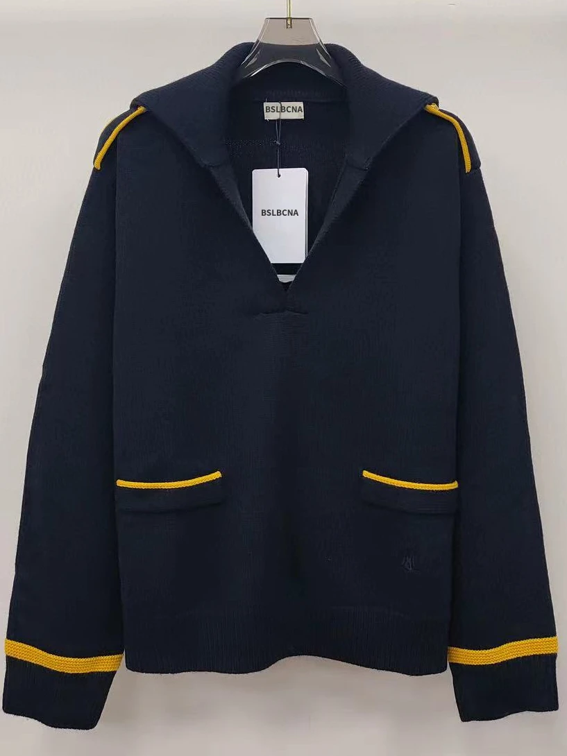 

Spring Autumn Short V-neck Casual Loose Vintage Navy Blue Pullover Loose Knit Sweater Women Clothing Wool Sweaters Tops Female