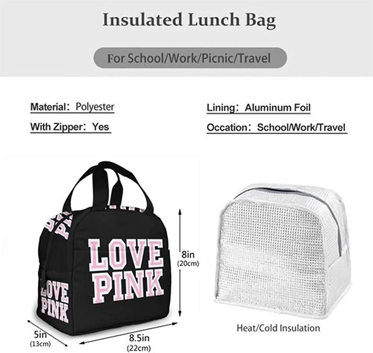 Amor Rosa Preto Portátil Isolado Lunch Bag Tote À Prova D' Água Bento Bags Lunch Box para Piquenique Escola de Trabalho