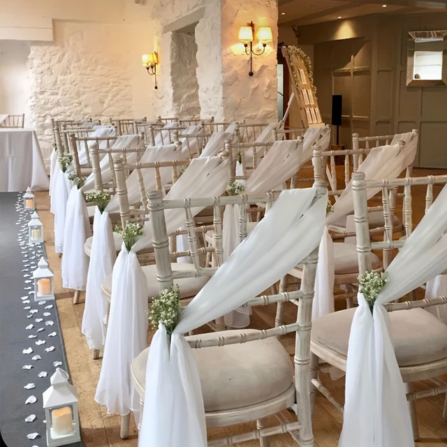 6 pièces 100x160cm blanc en mousseline de soie chaise de mariage dos voile chaise ceintures de chaise de mariage couvre ruban fête de mariage allée chaise décor 4