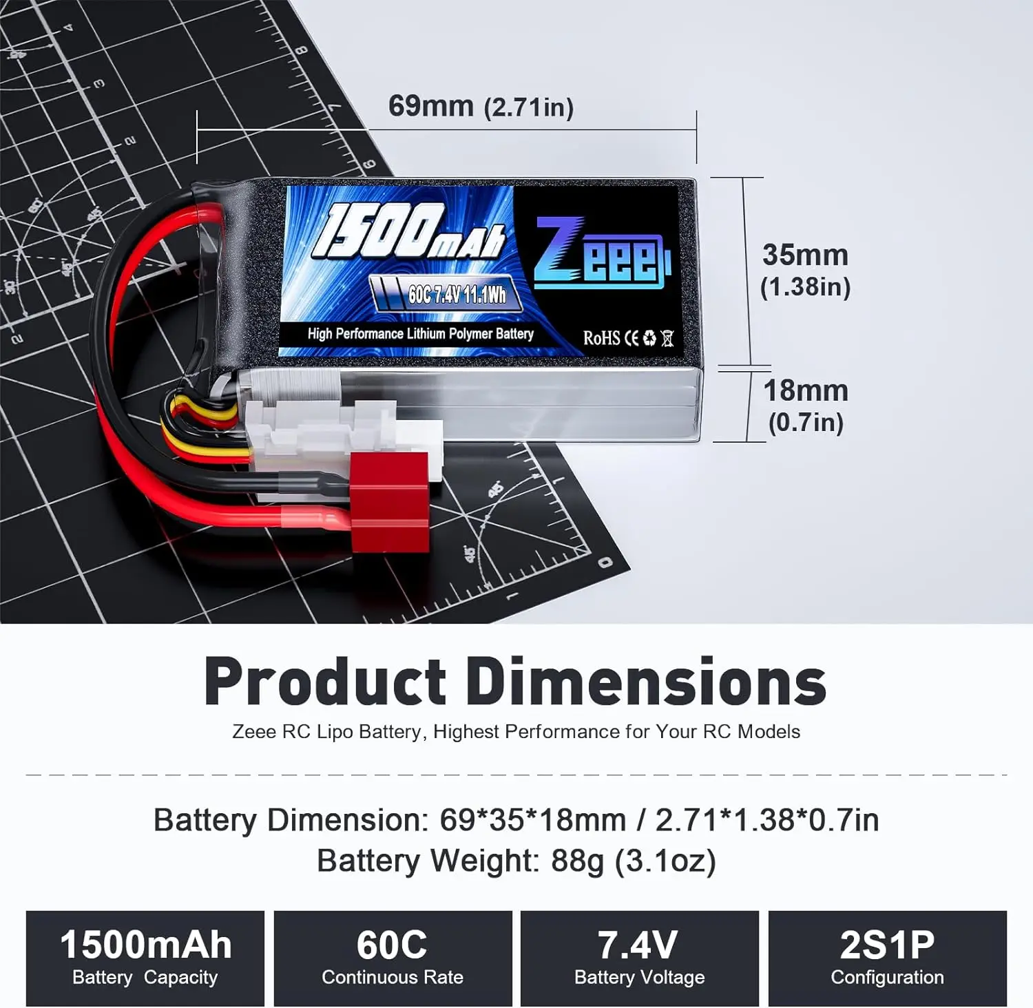 2pcs Zeee 2S 1500mAh Lipo Battery 7.4V 60C with Deans Plug for FPV Drone Boat RC Car Racing Hobby Specialized Lipo Model Parts 2