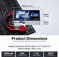 2pcs Zeee 2S 1500mAh Lipo Battery 7.4V 60C with Deans Plug for FPV Drone Boat RC Car Racing Hobby Specialized Lipo Model Parts 2