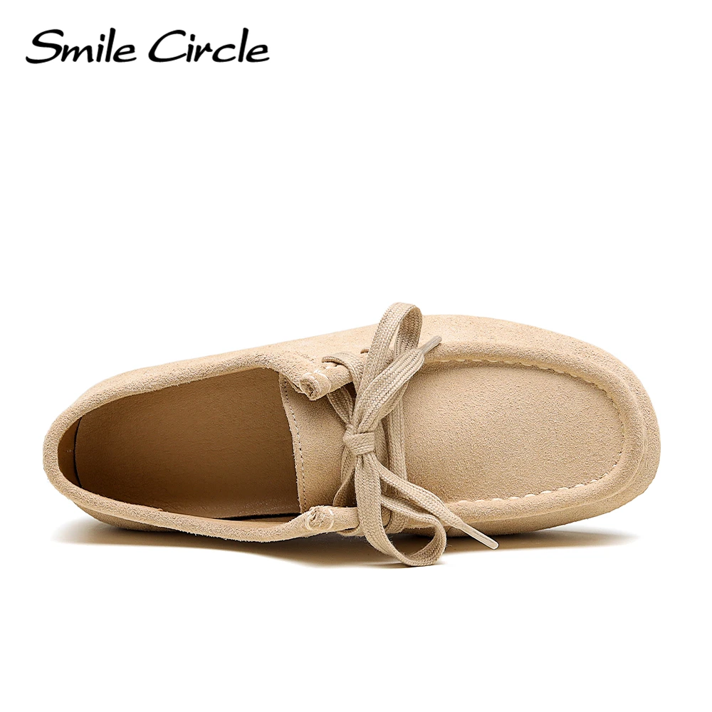 Smile Circle Wallabee Suede Leather Flat Shoes Women Lace-up Derby Shoes Autumn Casual Oxfords 6