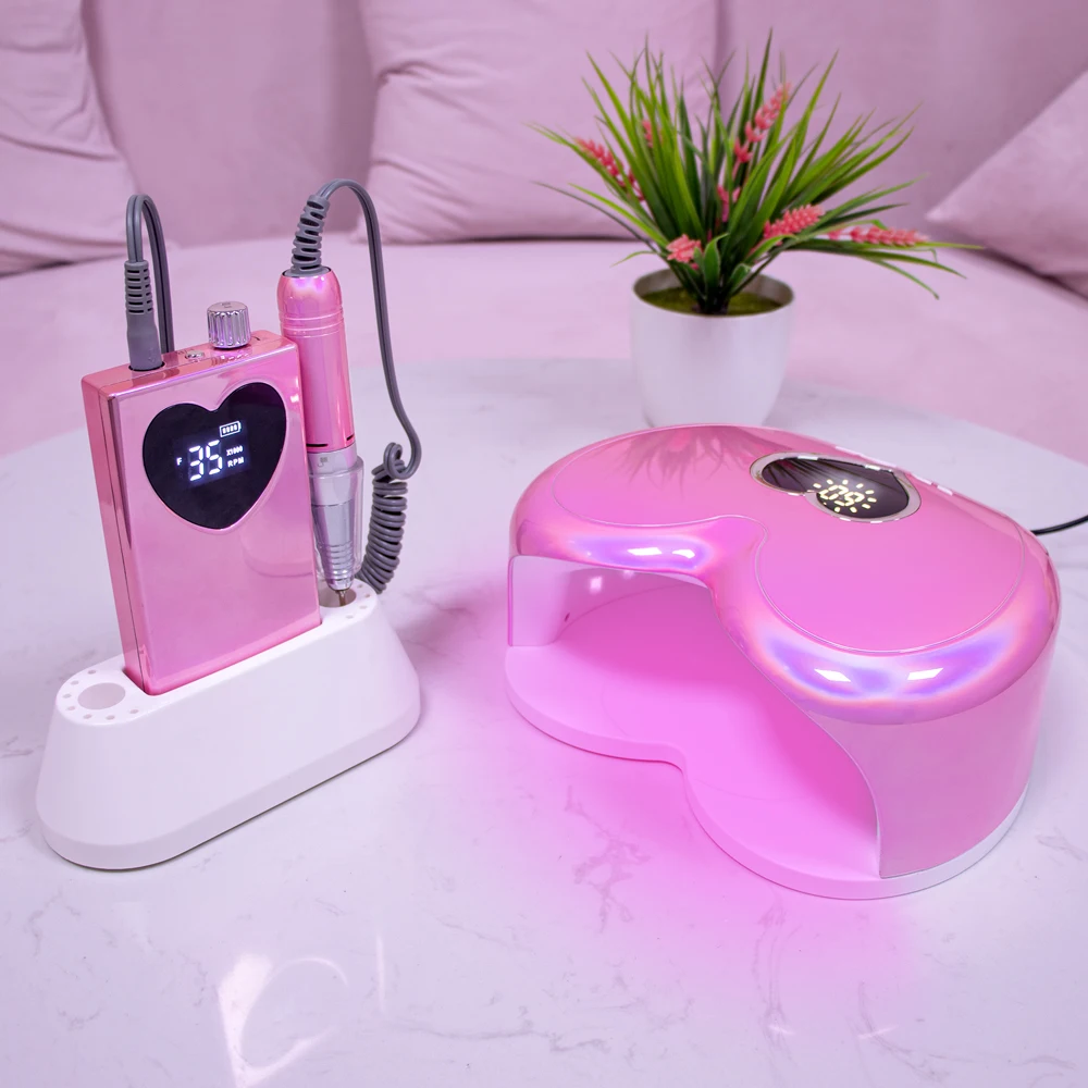 

Pink Wireless Uv Gel Nail Dryer Led Lamp Cordless Rechargeable 35000 Nail Drill Heart Shape Nail Lamp