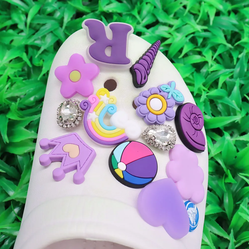 

1-12Pcs PVC Purple Conch Flowers Rainbow Shoe Charms Children Buckle Clog Metal Shoe Decoration Fit Croc Jibz Holiday Gift