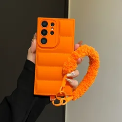 Luxury Furry Lanyard Down Jacket Phone Case with Wrist Strap Cover - Galaxy S23 Ultra (Orange)