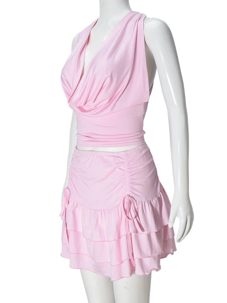 Wmstar Skirts Sets Wholesale Two Piece Dress Set Sexy Hollow Out Swing Neck Lace Up Top Elastic Short Skirt Matching Suit Summer