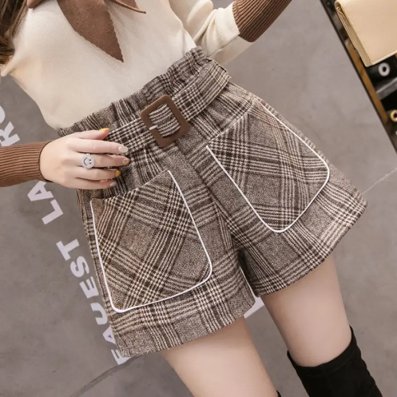 Women's Elastic Waist Pocket Plaid Woolen Female Pants Autumn and Winter 2023 Preppy Style High Waist Loose Sashes Sweet Shorts