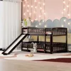 Full Over Full Low Bunk Bed with Slide and Fence Railings Wood Floor Bunk Beds with Ladder for Toddler Kids Boys Girls, Espresso 1