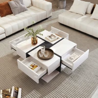 Anajqaqia Table basse brillante 78 × 78 × 36 cm, avec 4 tiroirs, coordination des couleurs unique et design linéaire, avec espace de rangement 5