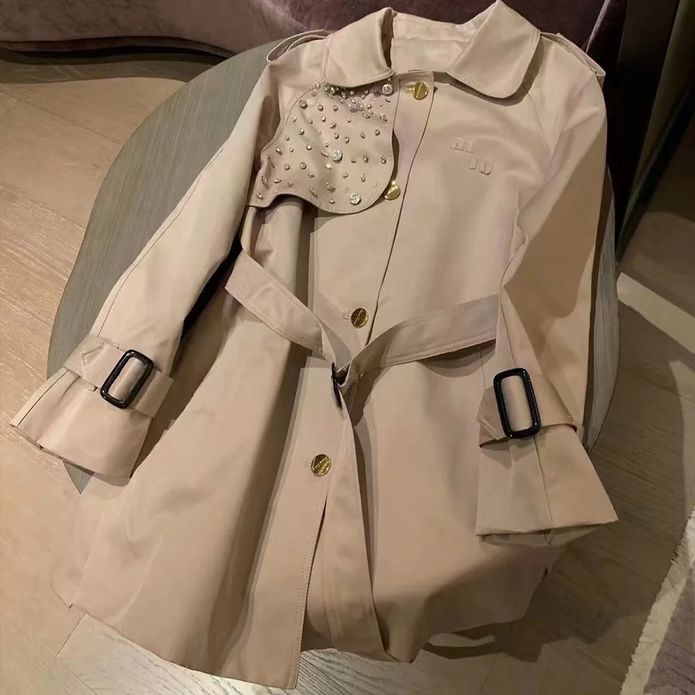 

Women Clothing Autumn Winter Heavy Industry Diamond Letter Khaki Windbreaker Celebrity Mid Length Waist Wrapped Women's Coat