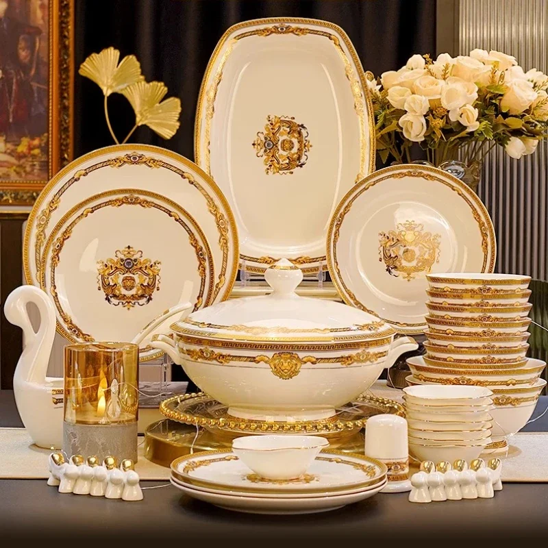 Gold Bone China Dinnerware Sets Ceramics Kitchen Gift Luxury