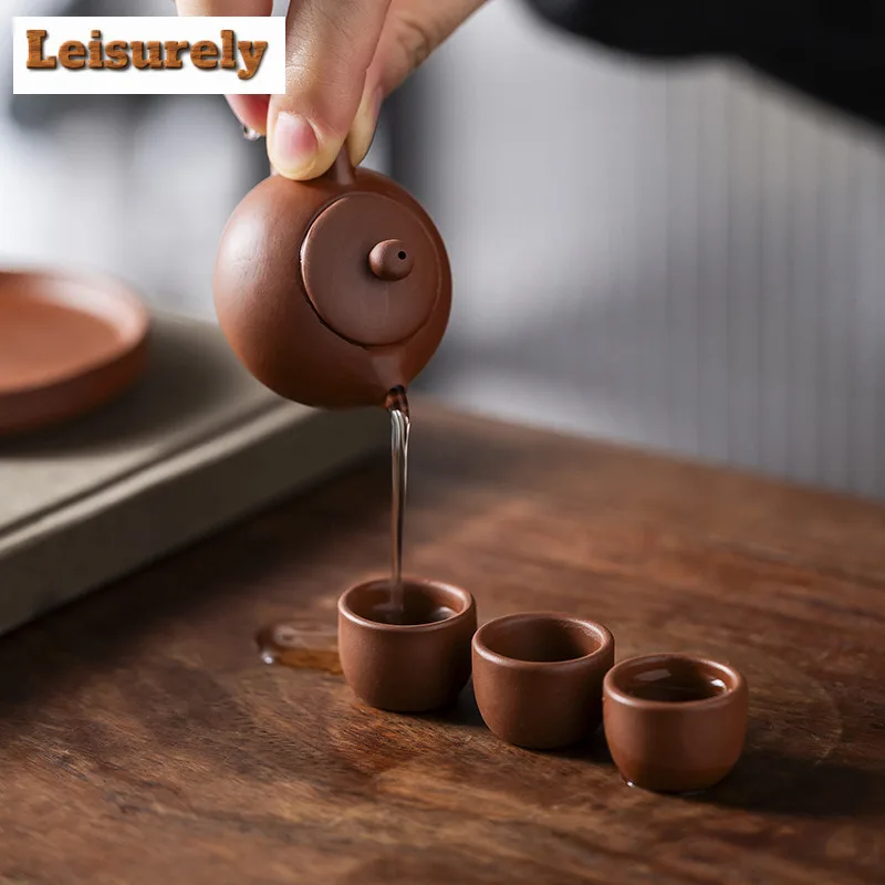 Creative Small Pocket Purple Clay Tea Set Handmade Zhu Mud Fingertip Teapot 1 Pot 4 Cups Tea Play Pet Kung Fu Teaware Ornament