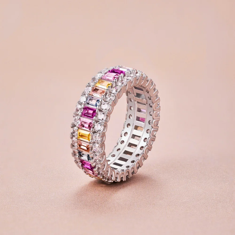 

Серебряное кольцо S925 пробы с радужным дизайном толпы, женское инкрустированное круглой лестницей, квадратное красочное кольцо с полностью алмазным цирконием, ювелирные изделия