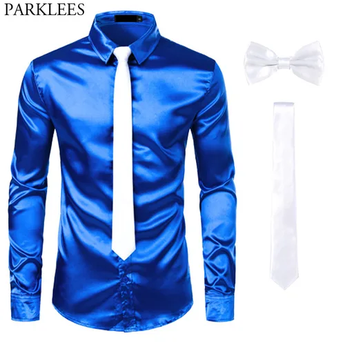 명품 남성의류 실크 드레스 셔츠 3Pcs (셔츠 + 타이 + Bowtie) 부드러운 새틴 셔츠 남자 슬림 피트 파티 댄스 파티 공연복 빅사이즈 남성의류 3