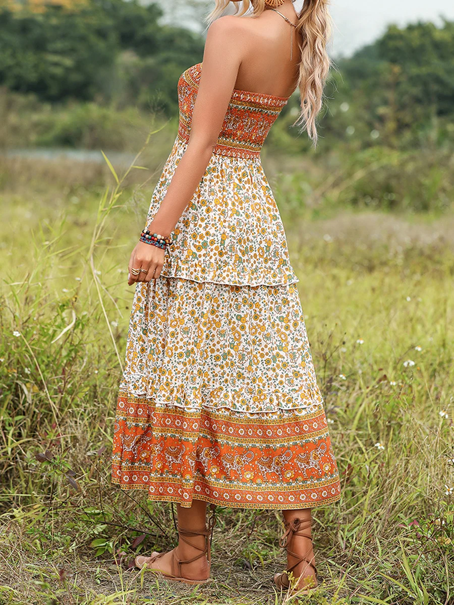 

Bohemian Style Floral Patchwork A-line Swing Dress with Tube Top and Backless Design for Women s Ethnic Fashion - Long Flowy