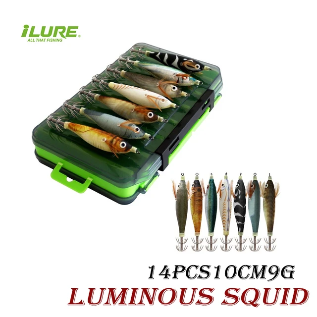 14Pcs Fishing Lure Luminous Wood Shrimp Squid Jig Hook With Box