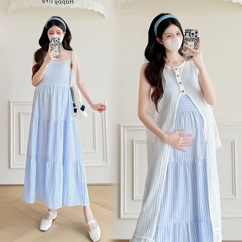 Summer Fashion Maternity Dress Suits Blue Striped Strap Dress Tassel Hem Lace Cardigans Twinset Pregnant Woman Clothes Set Sweet