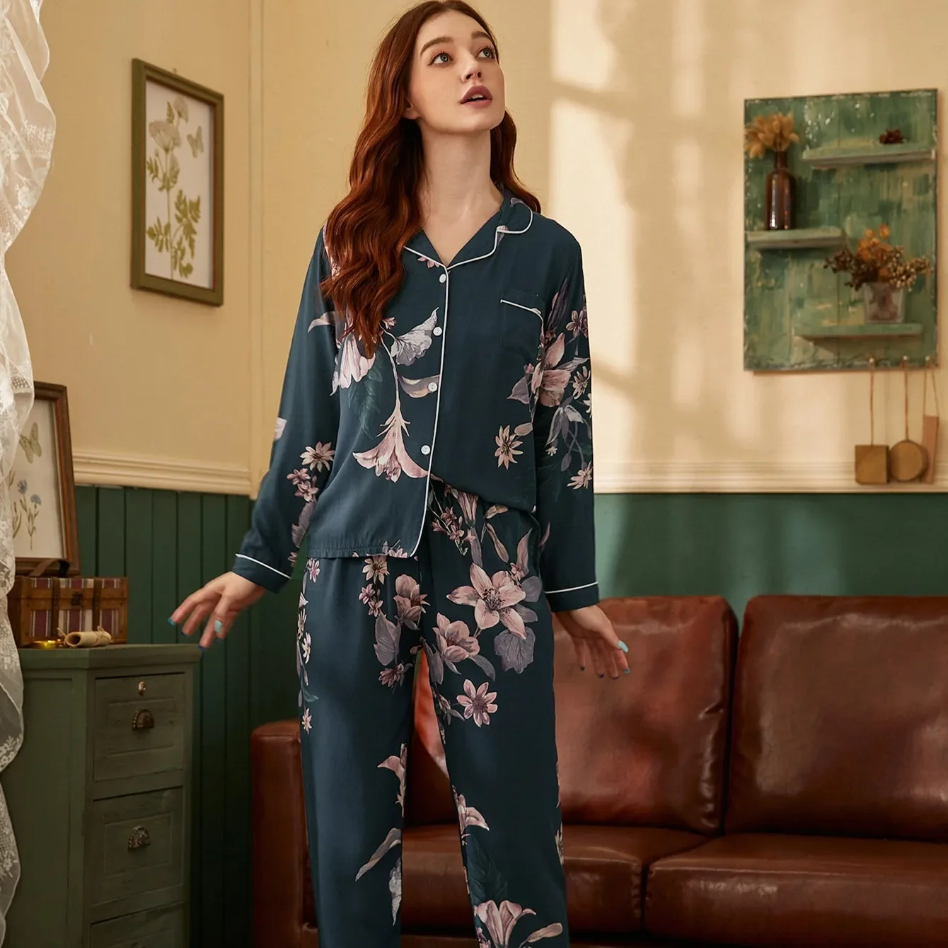 Women Pajamas Set Cotton Long-sleeved Long Trousers Cardigan Tops for Spring Summer Autumn