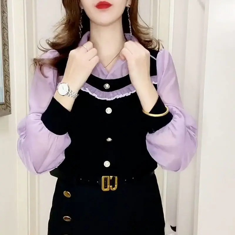 Fashion Office Lady Button Spliced Fake Two Pieces Shirt Casual All-match Long Sleeve Turn-down Collar Blouse Women's Clothing