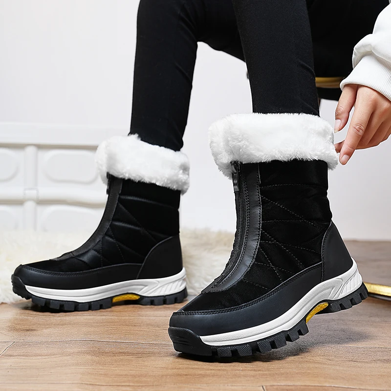 Women's Boots Winter Snow Boots Outdoor Anti-Slip Zipper Shoes Women Warm Short Plush Waterproof Boots Fashion Snow Shoes