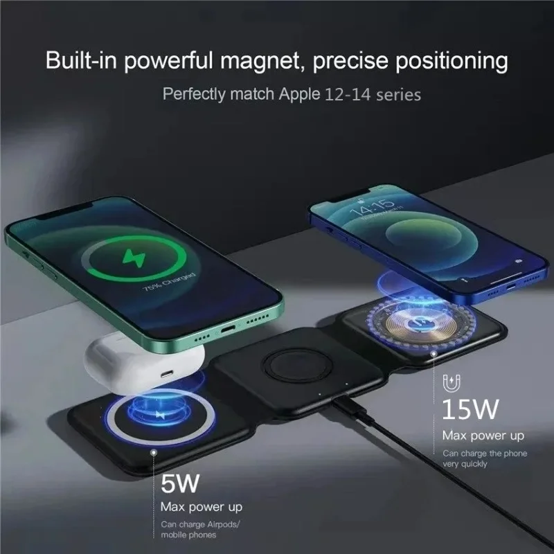 3 in 1 Magnetic Portable Wireless Charger Pad For iPhone 15 14 13 12 Pro Max Apple Watch AirPods Fast Charging Dock Station