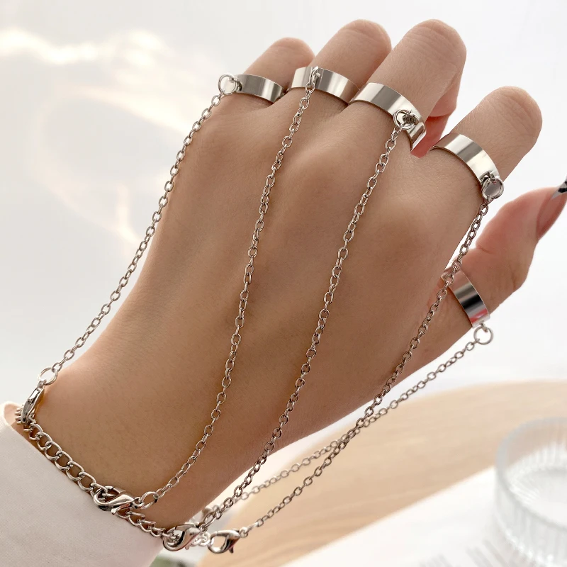 Punk Rings Chain Silver Metal Finger Rings Set Metal Chain Rings
