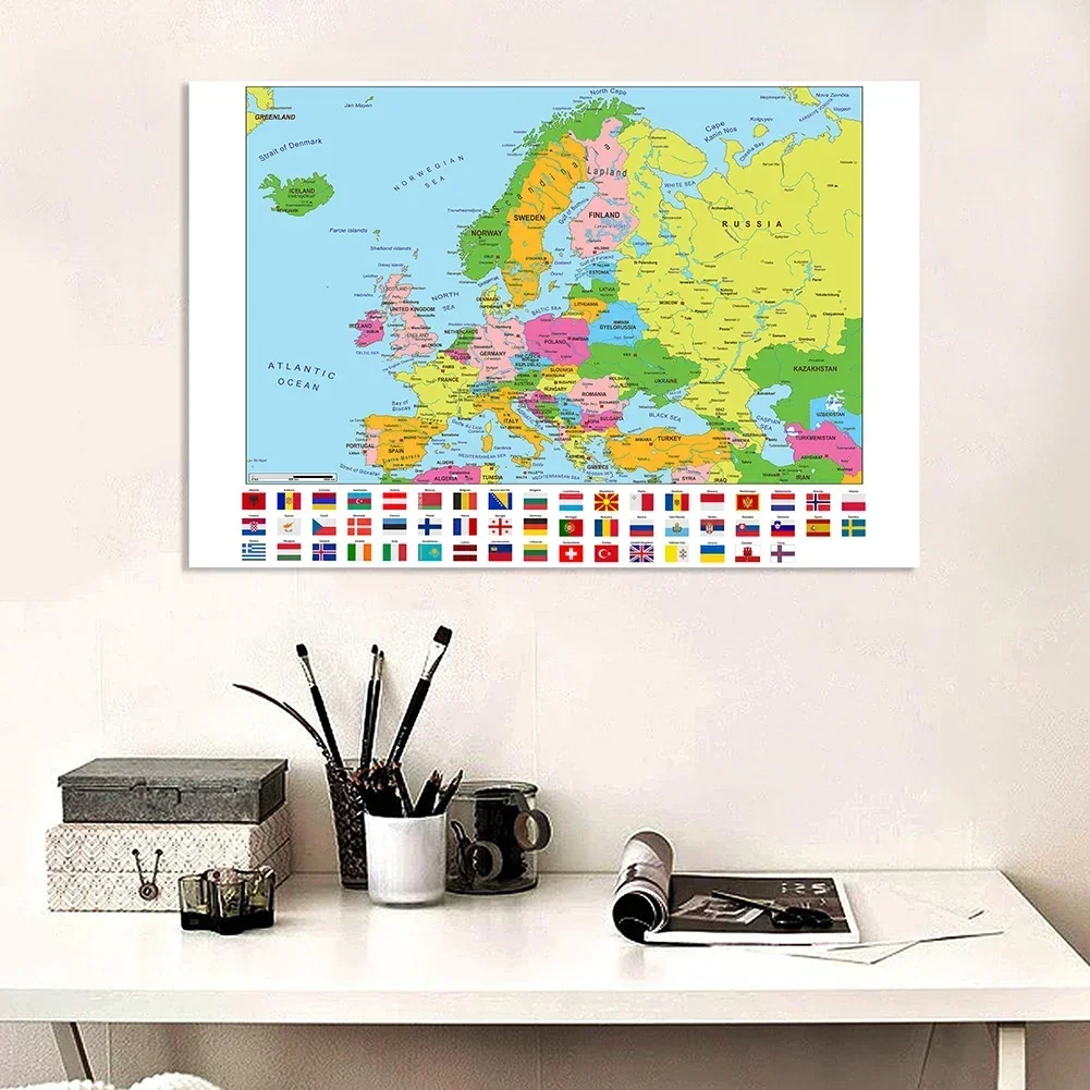 150*100cm The Europe Political Map with Country Flags Non-woven Canvas Painting Vinyl Wall Poster Home Decor School Supplies