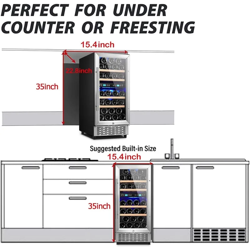Dual Zone 15 Inch Wine Cooler, 28 Bottle Wine Fridge with Stainless Steel Tempered Glass Door, Fit Red & White Wine,Built-in or 6