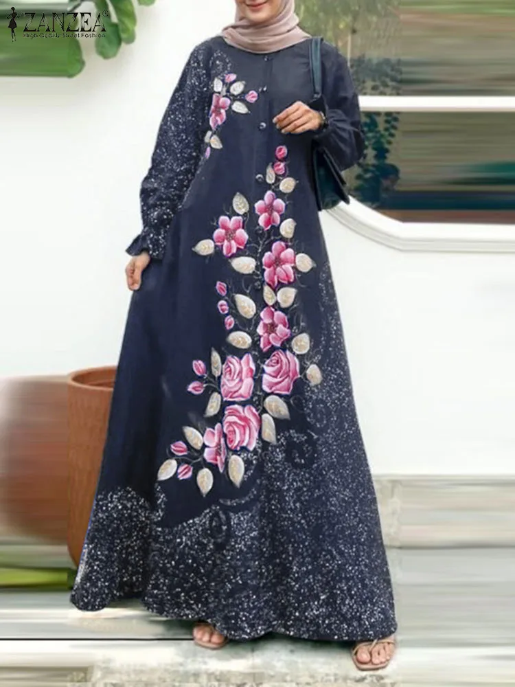 

Винтажный мусульманский Дубай, Турция, абайя, хиджаб, платье, мусульманская одежда, элегантный женский сарафан с длинным рукавом и цветочным принтом ZANZEA 2024