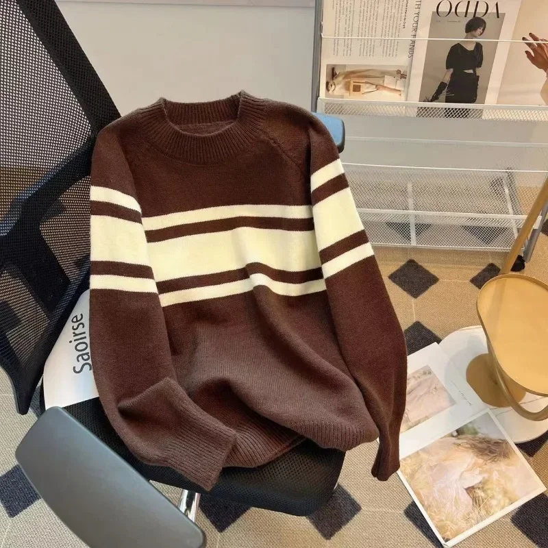

Stripe Women's Sweaters Loose Autumn/Winter Vintage Pullover Patchwork Clothing Long Sleeve O-Neck Cashmere Knitwear Jumpers