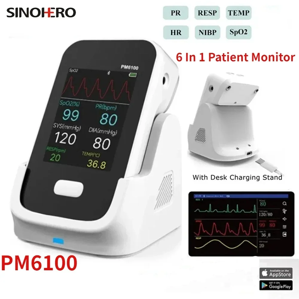 Handheld 6 Parameters Vital Signs Monitor Adult Portable Patient Monitor SpO2 PR HR ECG RESP NIB Support Bluetooth Conect