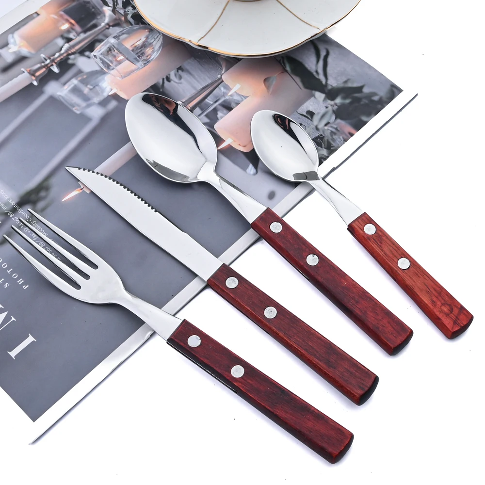 24Pcs Cutlery Wooden Handle Cutlery Set Stainless Steel Tableware Knife Fork Tea Spoon Silverware Western Flatware cutlery set western style cutlery set stainless steel cutlery set wooden cutlery set