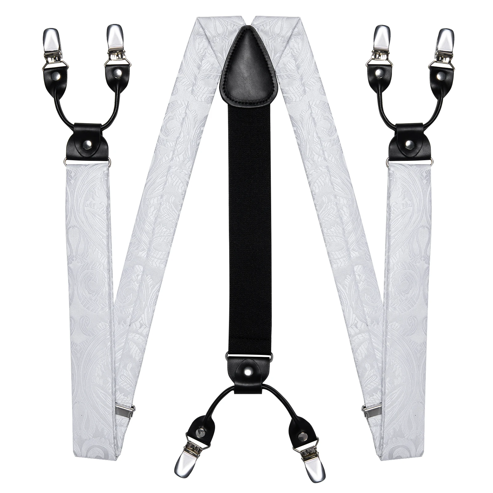 Luxury White Men's Suspenders Adjustable 6 Clips Braces DiBanGu Leather Metal Pre-Tied Bow Tie Brooch Pocket Square Set