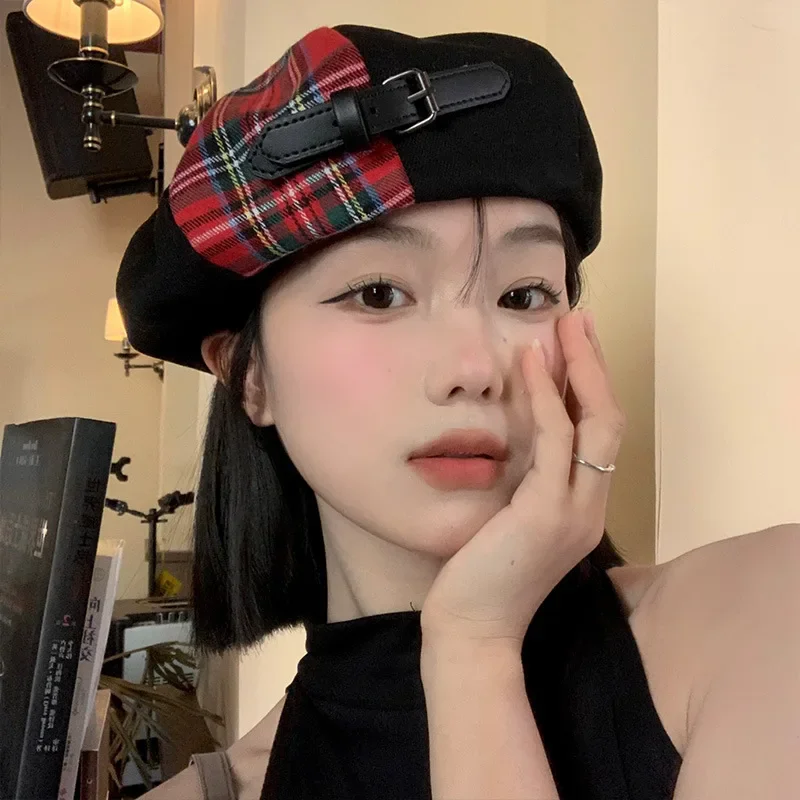 Children Beret Korean Version Fashionable Belt Buckle Color Matching Spring/Summer Retro British Plaid