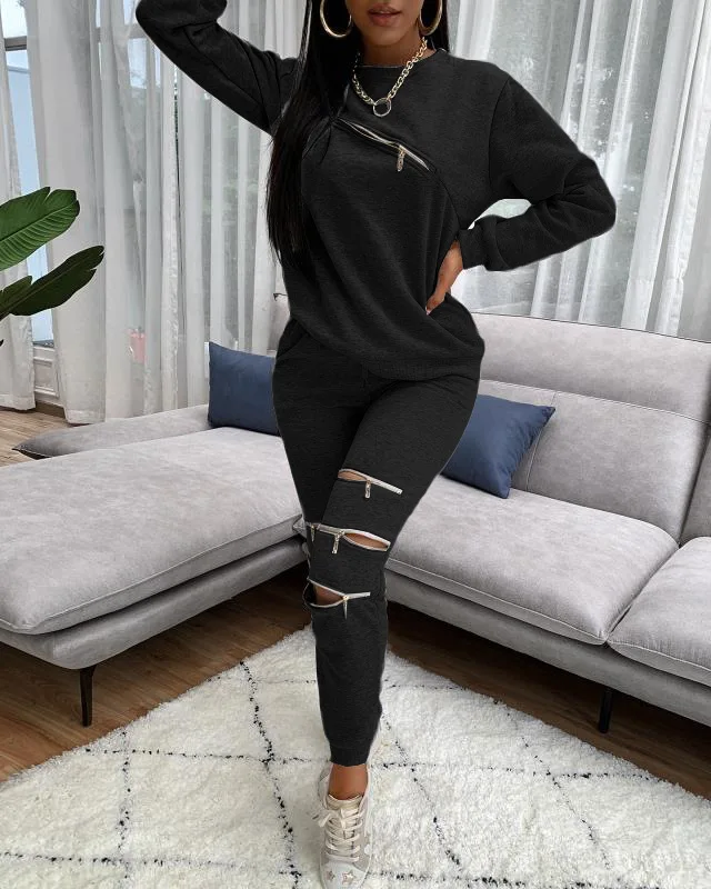 European and American women's fashion autumn and winter new casual personality zipper solid color sweater two-piece suit women
