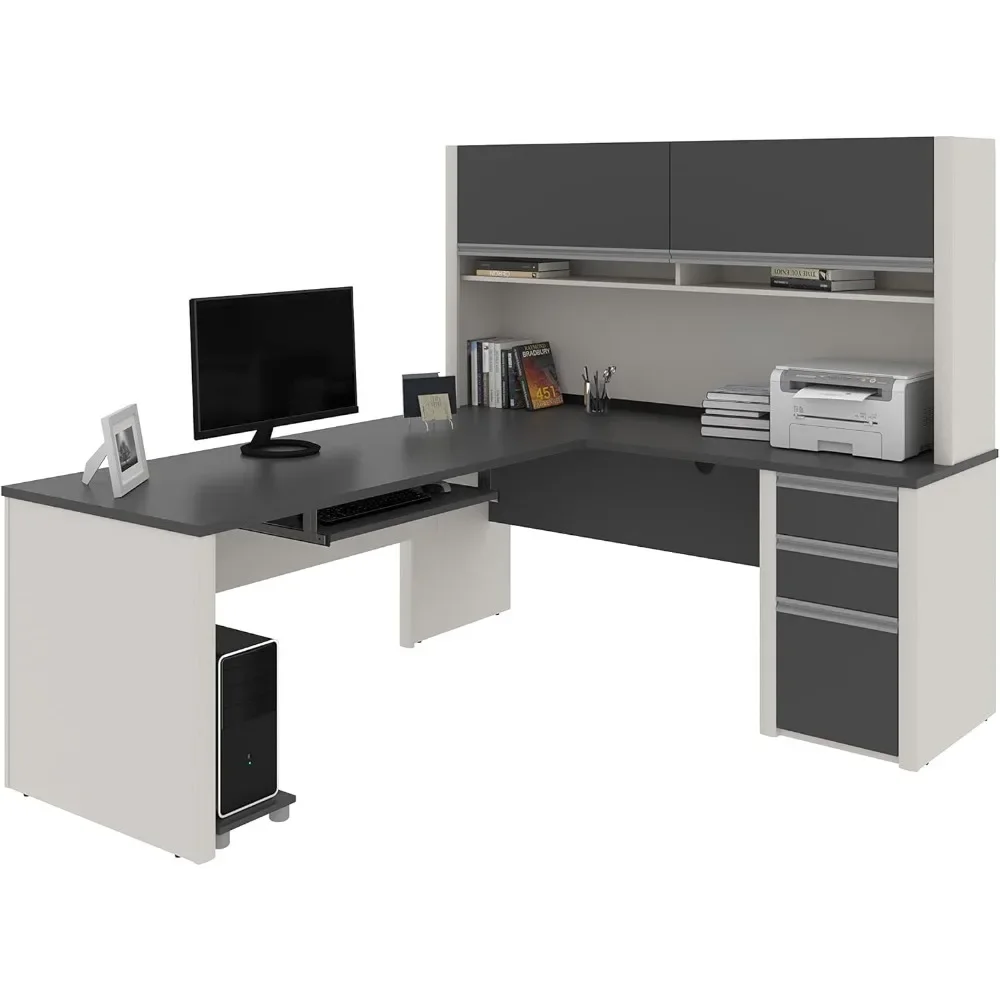 L Shaped Desk with Hutch and Pedestal in Slate and Sandstone, 72W | Large Corner Table for Home Office Workspace or Personal 2