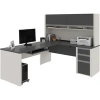 L Shaped Desk with Hutch and Pedestal in Slate and Sandstone, 72W | Large Corner Table for Home Office Workspace or Personal 2