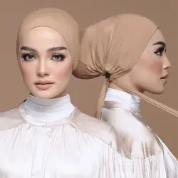 Solid Color Baotou Cap Elastic Hijab Cap Tie MuslimTurban Women Hat Fashion Pure Color Adjustable Rope Adult Head Bottom Wrap