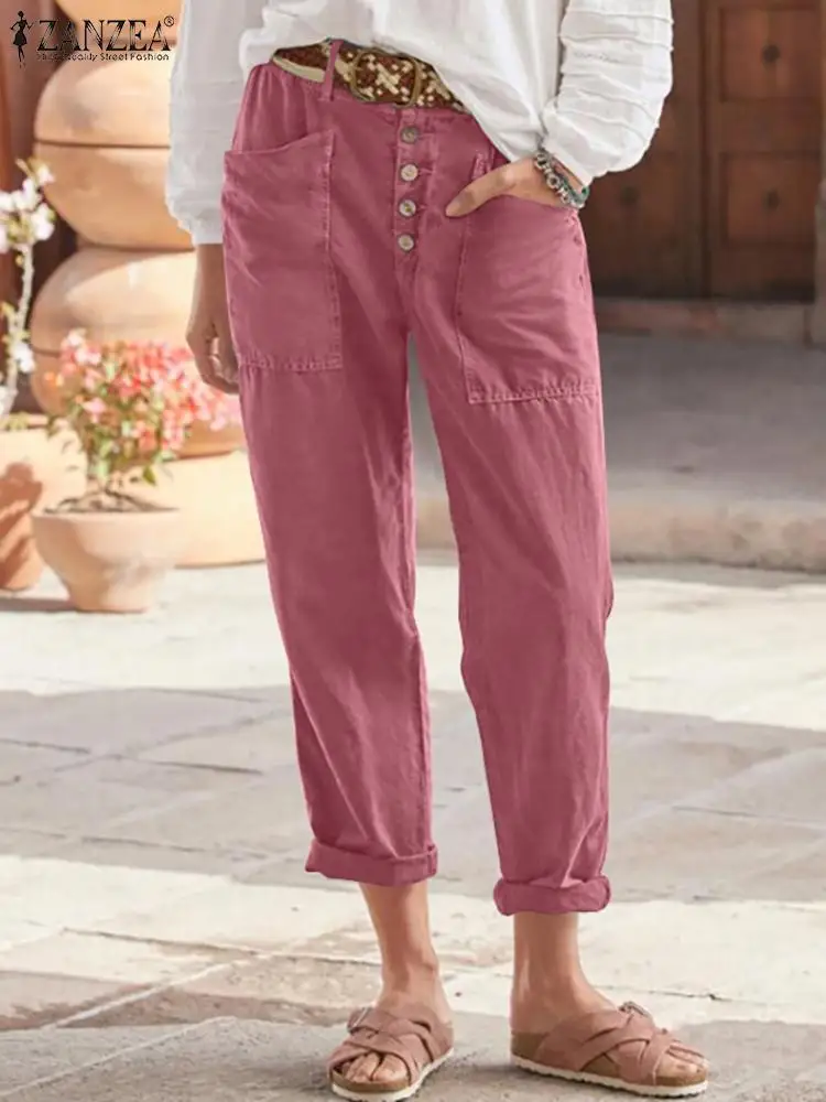 

ZANZEA Spring Fashion Loose Pant Woman Casual Holiday Trousers Female Elegant Pocket Palazzo Vintage OL Work Pantalon Oversize