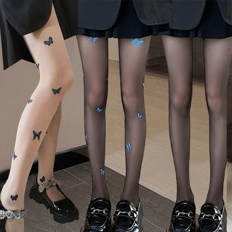 

Women Girls Summer Silky Ultra-thin Japanese Lolita Seamless Tights Butterfly Print Pantyhose
