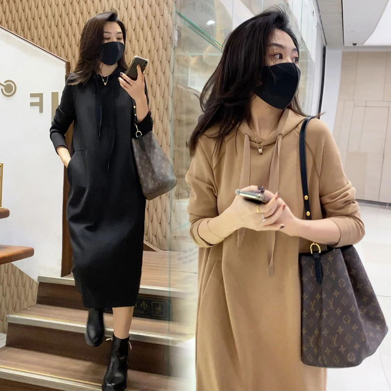 

Spring Fashion New Pregnant Women's Large Size Dress Long Sleeve Hooded Maternity Pullovers Casual Pregnancy Hoodies Black Khaki