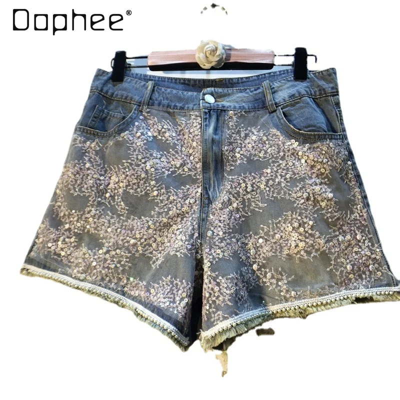 

Fashion Bead Shorts Spring Summer New Patchwork Sequin Gauze High Waist Slimming and Wide Leg Raw Edge Denim Shorts for Women