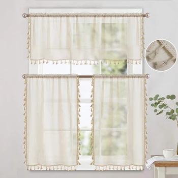 1/2 pannelli Boho tende da cucina tende trasparenti nappe lino mantovana corta tasca per asta per piccola finestra bagno bohémien 1