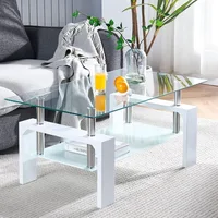 Living Room Rectangle Coffee Tables, Modern Side Coffee Table with Wooden Leg, Glass Tabletop with Lower Shelf 1