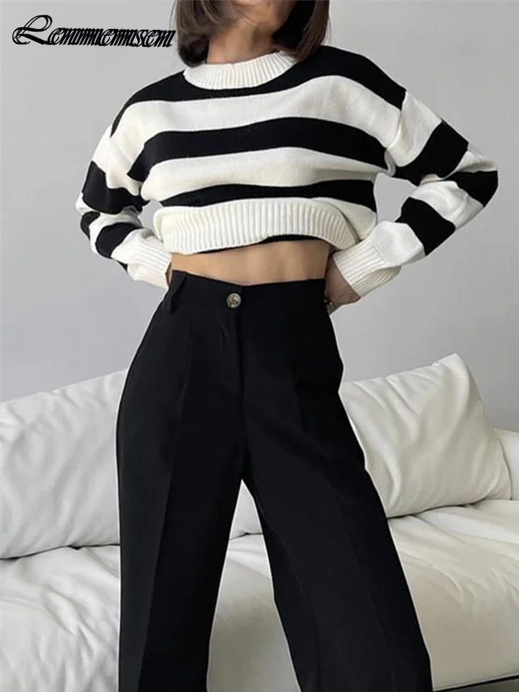

Lenmemsen Elegant Loose Striped Knitted Sweater Women Autumn Warm O-neck Long Sleeve Pullovers Female Casual High Street Jumper